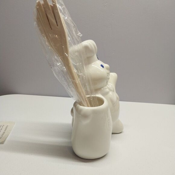 Vtg Pillsbury Doughboy Poppin Fresh Kitchen Tool Holder Wooden Utensils Included - Picture 7 of 16